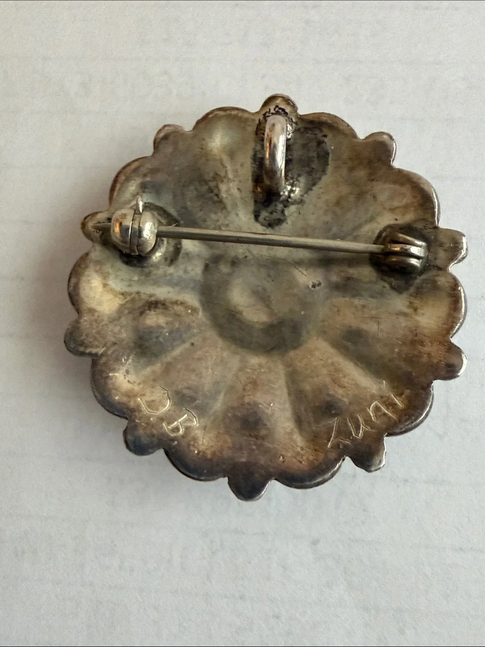 Vintage signed Zuni green turquoise cluster sterling silver brooch/pendant. - Picture 3 of 3